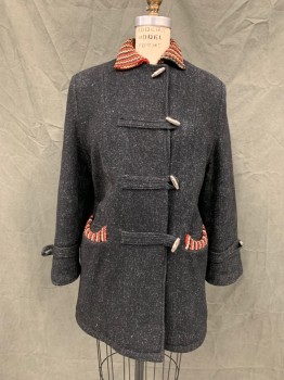 Womens, Jacket, N/L, Black, Wool, Heathered, B 36, Silver Toggle/Loop, Black/Brick Red/Cream Stripe Ribbed Knit Collar and Pocket Trim, 2 Pockets, Toggle Loop Cuff Detail, Zip on Collar with No Hood,