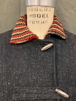 Womens, Jacket, N/L, Black, Wool, Heathered, B 36, Silver Toggle/Loop, Black/Brick Red/Cream Stripe Ribbed Knit Collar and Pocket Trim, 2 Pockets, Toggle Loop Cuff Detail, Zip on Collar with No Hood,
