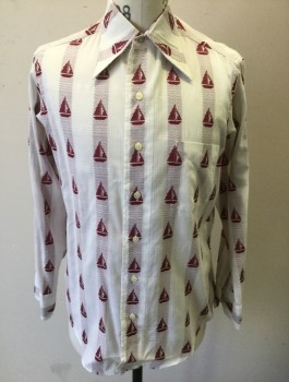 DAMON, White, Red Burgundy, Poly/Cotton, Novelty Pattern, Stripes - Vertical , Repeating Sailboats Pattern on Speckled Vertical Stripes, Long Sleeve Button Front, Collar Attached, 1 Patch Pocket,