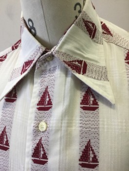 DAMON, White, Red Burgundy, Poly/Cotton, Novelty Pattern, Stripes - Vertical , Repeating Sailboats Pattern on Speckled Vertical Stripes, Long Sleeve Button Front, Collar Attached, 1 Patch Pocket,