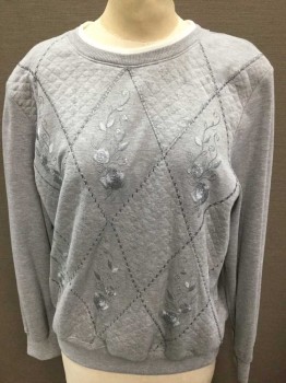 Womens, Sweatshirt, ALFRED DUNNER, Gray, White, Cotton, Polyester, Diamonds, Floral, B: 42, Diamond Quilted Front, W/Roses & Vines Embroidery W/Tiny Silver Rhinestones, Pullover, Long Sleeves, White Ribbed Underlayer At Crew Neck, Shoulder Pads