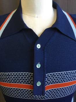 DONEGAL COLESETA, Navy Blue, Dk Orange, Baby Blue, Acrylic, Polyester, Novelty Pattern, Stripes - Horizontal , Polo Style, Textured Brick Knit, 3 Btns, Raglan S/S,