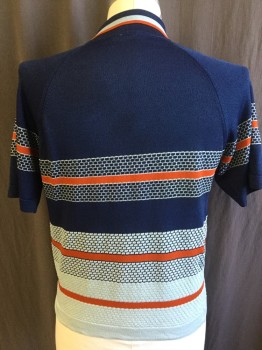 Mens, Sweater, DONEGAL COLESETA, Navy Blue, Dk Orange, Baby Blue, Acrylic, Polyester, Novelty Pattern, Stripes - Horizontal , L, Polo Style, Textured Brick Knit, 3 Btns, Raglan S/S,