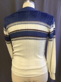 SATURDAYS, Blue, Cream, Maroon Red, Tan Brown, Gray, Acrylic, Stripes - Horizontal , Stripes - Vertical , Pull On, Long Sleeves,  No Button V-neck, Collar Attached, Chenille Velour, Chest Band Stripe, Textured Vertical Design, Rib Knit Cuffs and Waistband,