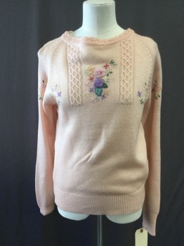 Womens, Sweater, NL, Lt Pink, Purple, Jade Green, Lt Blue, Lt Yellow, Acrylic, B34, Scallopped Knit Crew Neck, Long Sleeves, Pullover, Front Floral Embroidery, Center Back Keyhole,