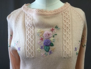 Womens, Sweater, NL, Lt Pink, Purple, Jade Green, Lt Blue, Lt Yellow, Acrylic, B34, Scallopped Knit Crew Neck, Long Sleeves, Pullover, Front Floral Embroidery, Center Back Keyhole,