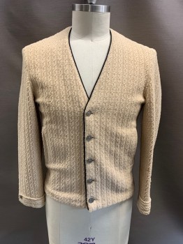 Mens, Jacket, BRAD WHITNEY, Tan Brown, Synthetic, Solid, Cable Knit, L, Single Breasted, Silver Embossed Button Front, Black Rope Trim, 1/2 Rolled Back and Stitched Down Cuff, 2 Welt Pockets, Darts at Back Hem