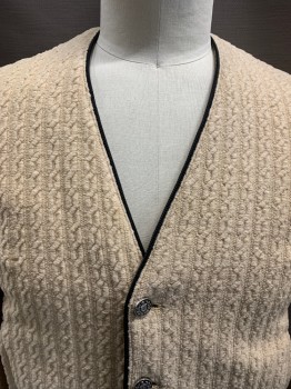 BRAD WHITNEY, Tan Brown, Synthetic, Solid, Cable Knit, Single Breasted, Silver Embossed Button Front, Black Rope Trim, 1/2 Rolled Back and Stitched Down Cuff, 2 Welt Pockets, Darts at Back Hem