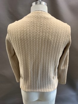 BRAD WHITNEY, Tan Brown, Synthetic, Solid, Cable Knit, Single Breasted, Silver Embossed Button Front, Black Rope Trim, 1/2 Rolled Back and Stitched Down Cuff, 2 Welt Pockets, Darts at Back Hem
