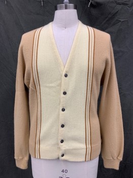 ASHLEY, Tan Brown, Butter Yellow, Brown, Wool, Color Blocking, V-neck, Cardigan, Button Front, Long Sleeves, Ribbed Knit Cuff and Back Waistband,