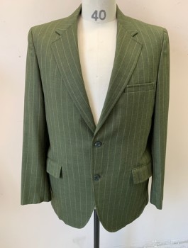 Mens, 1960s Vintage, Suit, Jacket, HAMPTON PARK, Olive Green, Mustard Yellow, Wool, Stripes - Pin, 40R, Single Breasted, Notched Lapel, 2 Buttons, 3 Pockets,