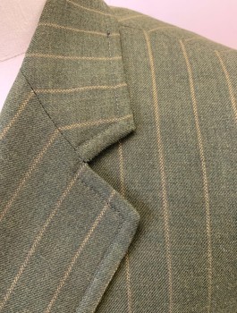 Mens, 1960s Vintage, Suit, Jacket, HAMPTON PARK, Olive Green, Mustard Yellow, Wool, Stripes - Pin, 40R, Single Breasted, Notched Lapel, 2 Buttons, 3 Pockets,