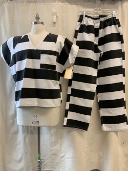 Unisex, Shirt/Top, NL, White, Black, Poly/Cotton, Stripes - Vertical , XL, V-neck, Short Sleeves, 1 Pocket,