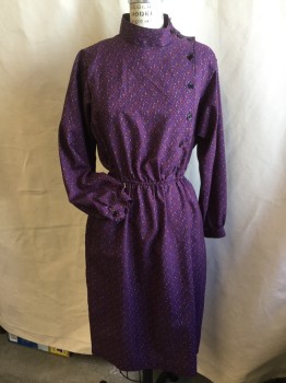 MS II PETITE, Purple, Lavender Purple, Dk Orange, Brown, Polyester, Novelty Pattern, Mandarin Collar with 2 Black Button, Off Side Flap with Matching Buttons Front, Long Sleeves, Thin Elastic Waist, NO BELT,