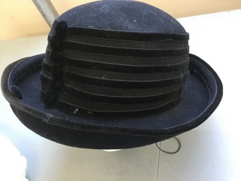 Womens, Hat, WHITTALL & SHON, Black, Wool, Solid, S, Black with 6 Cover Black Velvet Buttons &  6 Rows of Thin Black Velvet Ribbon Around Crown , and  2 Cover Black Velvet  Button & Black Velvet Around Brim, and Black Thin String Around Neck