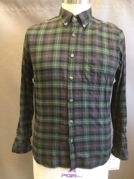 HARTFORD, Olive Green, Black, Brown, Cotton, Plaid, Long Sleeves, Button Front, Button Down Collar Attached, 1 Pocket,