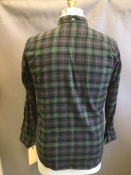 HARTFORD, Olive Green, Black, Brown, Cotton, Plaid, Long Sleeves, Button Front, Button Down Collar Attached, 1 Pocket,