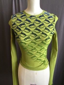N/L, Lime Green, Blue, Olive Green, Polyester, Animals, Sheer Fine Net with Blue/Olive Ombre Lizard Pint, Crew Neck, Long Sleeves, with Self Solid Lime Lining, 1990's - Y2K