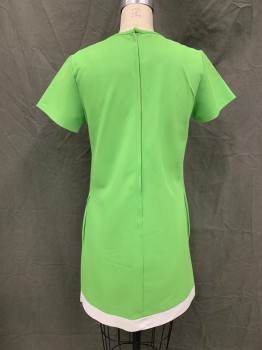 N/L, Lime Green, White, Polyester, Nylon, Solid, Ribbed Weave, Vertical Tuck Pleats Front, Short Sleeves, 2 Pockets, White Band Hem Trim, Zip Back,
