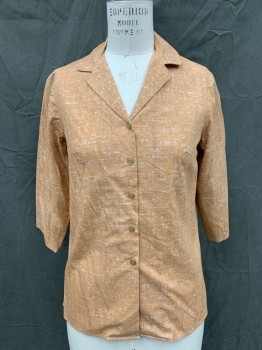 Womens, Shirt, N/L, Lt Brown, White, Cotton, B 36, Print of a Woven Fabric, Button Front, Collar Attached, 3/4 Sleeve,