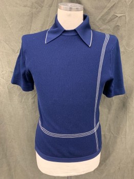 N/L, Navy Blue, Polyester, Solid, Navy with White Stripe Details, Pull On,  Collar Attached Under Ribbed Knit Crew Neck, Short Sleeves, Waistband, *Snag Tear at Right Back Shoulder Seam*