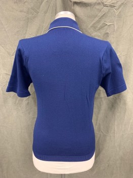 N/L, Navy Blue, Polyester, Solid, Navy with White Stripe Details, Pull On,  Collar Attached Under Ribbed Knit Crew Neck, Short Sleeves, Waistband, *Snag Tear at Right Back Shoulder Seam*
