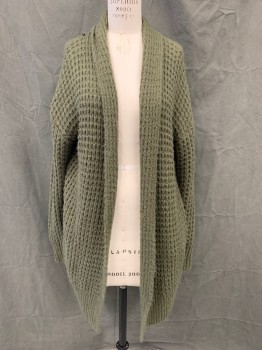 LEITH, Dk Olive Grn, Acrylic, Nylon, Solid, Thick Knit, Shawl Collar, Open Front, Ribbed Knit Waistband/Cuff, Long Sleeves