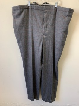 Mens, 1930s Vintage, Suit, Pants, MARK COSTELLO, Gray, Dk Gray, Red, Red Burgundy, Wool, Herringbone, Grid , 56/33, Button Front, Suspender Buttons, 2 Pockets, Slit Back Waistband, Cuffed