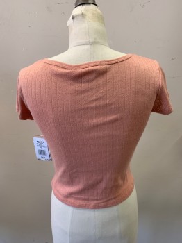Womens, Top, PINK REPUBLIC, Salmon Pink, Poly/Cotton, Solid, S, Pull On, Short Sleeves, 3 Btns Placket, Round Neck, Open Work Pattern Stripe, MULTIPLES