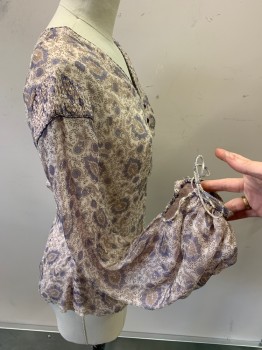 Womens, Historical Fiction Blouse, N/L, Lt Pink, Lavender Purple, Silk, Paisley/Swirls, B32, Made To Order, 2 Layers of Chiffon, Smocking at Shoulder Cap, Laces at Wrist, 4 Faux Buttons, V-N, CB Hooks & Snaps