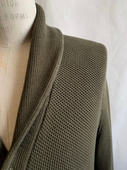 Mens, Cardigan Sweater, BANANA REPUBLIC, Olive Green, Cotton, Solid, L, V-N, Shawl Collar, Button Front, 2 Pockets,
