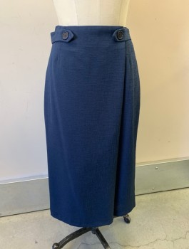 Womens, 1990s Vintage, Suit, Skirt, N/L MTO, Navy Blue, Wool, Solid, W:28, Pencil Skirt, Knee Length, Tabs At Sides Of Waist With Decorative Buttons, Wrapped Front, Invisible Zipper In Back, Multiples, Made To Order