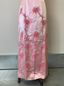 Womens, Evening Gown, NO LABEL, Lt Pink, Pink, Silk, Leaves/Vines , W27, B34, H38, Sleeveless, High Neck, Pleated Neck, Embroiderred Detail, Back Slit, Back Zipper,