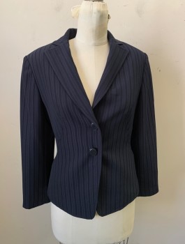 Womens, 1990s Vintage, Suit, Jacket, JONES NY, Navy Blue, Wool, Stripes, 4, Single Breasted, 2 Buttons, Notched Lapel, 2 Pockets, 4 Button Cuffs, Dark Navy, Self Stripes