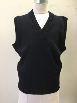 A+, Navy Blue, Acrylic, Solid, School Uniform Sweater Vest, V-neck, Rivved Knit Collar/Armholes/Waistband