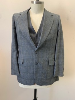 Mens, 1970s Vintage, Suit, Jacket, NO LABEL, Black, White, Blue, Wool, Glen Plaid, 46R, Notched Lapel, Single Breasted, Button Front, 2 Buttons, 3 Pockets