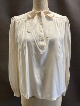 PAULINE WYNNE JONES, Peach Orange, Silk, Solid, Pastel Peach Shade, Pullover, Stand Collar, Ties At Neck, 4 Btn Front, Top Stitched Pleats Front & Back, L/S, Pleats @ Shoulder