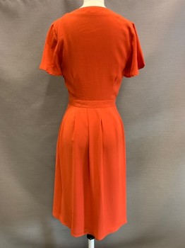 Womens, Dress, Storee, Red-Orange, Polyester, Solid, XS, S/S, V Neck, Pleated Skirt, Side Zipper,