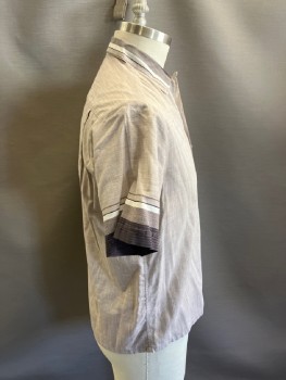 Mens, Shirt, MALER OF CALIFORNIA', Lt Brown, Cotton, Heathered, M, C.A., Black/Brown/white Stripes At Collar, S/S, Slvs And Flip Pocket  Iridescent And Gold Trim  B.F. CB  Pleats
