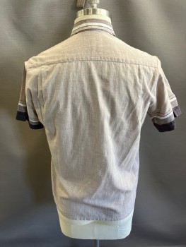 MALER OF CALIFORNIA', Lt Brown, Cotton, Heathered, C.A., Black/Brown/white Stripes At Collar, S/S, Slvs And Flip Pocket  Iridescent And Gold Trim  B.F. CB  Pleats