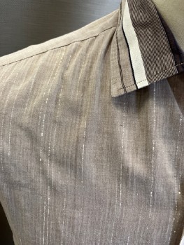 MALER OF CALIFORNIA', Lt Brown, Cotton, Heathered, C.A., Black/Brown/white Stripes At Collar, S/S, Slvs And Flip Pocket  Iridescent And Gold Trim  B.F. CB  Pleats
