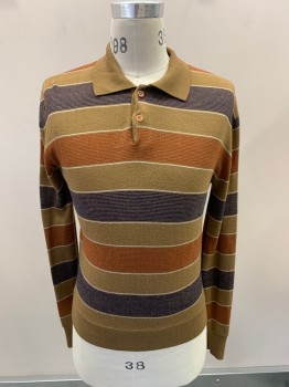 CAMPUS, Lt Brown, Brown, Sienna Brown, White, Acrylic, Stripes - Horizontal , C.A., 1/2 Button Front, Pullover, L/S, Tiny Hole On Right Shoulder