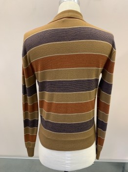 Mens, Sweater, CAMPUS, Lt Brown, Brown, Sienna Brown, White, Acrylic, Stripes - Horizontal , C38, C.A., 1/2 Button Front, Pullover, L/S, Tiny Hole On Right Shoulder