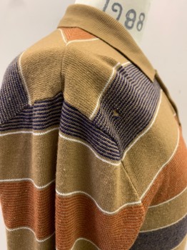 CAMPUS, Lt Brown, Brown, Sienna Brown, White, Acrylic, Stripes - Horizontal , C.A., 1/2 Button Front, Pullover, L/S, Tiny Hole On Right Shoulder