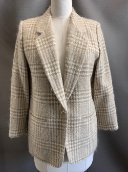 PENDLETON, Beige, Cream, Wool, Glen Plaid, L/S, Single Breasted, Notched Lapel, Top Pockets, Fuzzy Texture