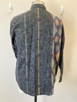 JOHN BLAIR, Asphalt Black, with Washed Out Purple/Blue/Gold Southwest Vertical Stripes, C.A., B.F., 1 Flap Pckt, Button Cuff L/S,
