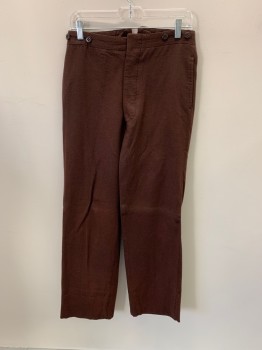 Mens, Pants 1890s-1910s, MTO, Brown, Wool, 29/29, Side Pockets, Button Front, Buttons At Waist For Suspenders, Belted Back