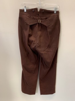 Mens, Pants 1890s-1910s, MTO, Brown, Wool, 29/29, Side Pockets, Button Front, Buttons At Waist For Suspenders, Belted Back