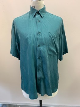 Mens, Casual Shirt, CITY STREETS, Teal Green, Silk, Solid, S, C.A., B.F., S/S, 1 Pckt, Replaced Button On Pocket
