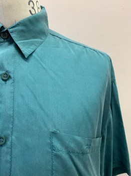 CITY STREETS, Teal Green, Silk, Solid, C.A., B.F., S/S, 1 Pckt, Replaced Button On Pocket